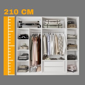 Resim Bimossa KD30 Goss 225 cm Üçlü Dar, 3 Bölmeli Açık Gardırop, 9 Raflı, 2 Büyük Raf Alanı, Boy Askılı ve Çekmeceli Modüler Beyaz Giyim Dolabı 