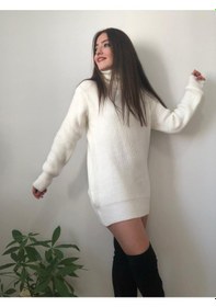 Resim Kadın Beyaz Balıkçı Yaka Selanik Örme Triko Kazak Tunik Krem 