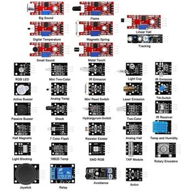 Resim Arduino 37 Parça Sensör Seti Sıcaklık Nem Işık Ses Renk Alev Nabız Manyetik Titreşim Lazer Ir Buton 
