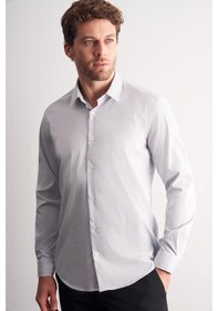 Resim İmza Beyaz - Lacivert Sert Yaka Çizgili Desen Uzun Kol Slim Fit Esnek Gömlek 1004255177 Beyaz - Lacivert 