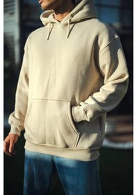 Resim Barlashive Kadın 3 İplik Pamuklu Kapüşonlu Kanguru Cepli Oversize Hoodie Sweatshirt - Bej Çok Renkli 