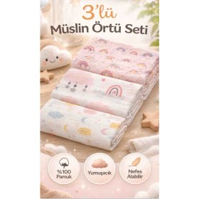 Resim Childmechild Çok Amaçlı Müslin Örtü & Battaniye 3'lü Set %100 Pamuk 80X90 