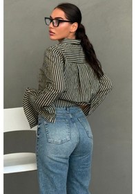 Resim Madmext Haki Çizgili Sendy Kumaş Kadın Gömlek Mg2834 
