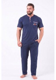 Resim Alimer Erkek Büyük Beden 3 Düğmeli Pamuklu Likra Kısa Kol Cepli Pijama Takımı İndigo 
