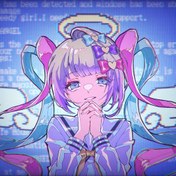 Resim Anime ilhamlı kız, pembe saç ve melek halo etiketi - canlı mavi ve mor elbise tasarımı, temalı partiler ve dekorasyonlar için mükemmel, parti dekorasyonu | Anime karakteri | detaylı karakter tasarımı, anime oda dekorasyonu 