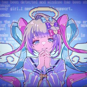 Resim Anime ilhamlı kız, pembe saç ve melek halo etiketi - canlı mavi ve mor elbise tasarımı, temalı partiler ve dekorasyonlar için mükemmel, parti dekorasyonu | Anime karakteri | detaylı karakter tasarımı, anime oda dekorasyonu 