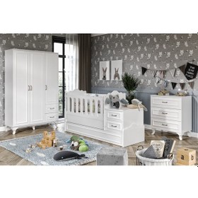 Resim KznHome Kartopu Country Tarzı Bebek Odası Takımı - 3 Parçalı Tamamı MDF Beyaz 