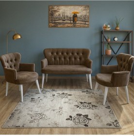 Resim Azra Mobilya Kahverengi Babyface Kumaş Çay Seti Koltuk Takımı 2 Berjer + 1 İkili, Modern, Beyaz Ayak Kahverengi 