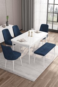 Resim Canisa Iza Serisi, 80x132 Açılabilir Mdf Masa, Beyaz Yemek Odası Takımı, 4 Lacivert Sandalye 1 Bench 