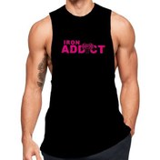 Resim Siyah Erkek Regular Fit -Pink Iron Addict- Baskılı Bisiklet Yaka Kolsuz T-Shirt 