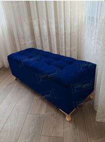 Resim Çizgi Kapitoneli Sandıklı Puf 100 Cm Gold Ayak Lacivert 