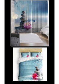 Resim Doğa Çift Kişilik 4 Parça Nevresim Takımı Ve 2 Adet Fon Perde Açık Mavi 