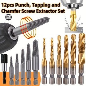 Resim 12 adet Titanyum Kaplamalı Matkap Ucu ve Tap Seti, M3-M10 Metrik Boyutlar ile 1/4" Hex Shank - Yüksek Hızlı Çelik, Verimli Matkapçılık ve Tapçılık için Vida Çıkarma Kiti Dahil 
