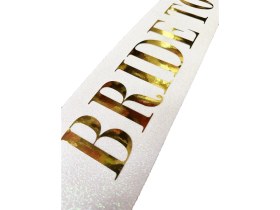 Resim Beyaz Üzeri Altın Büyük Bride To Be Yazılı Simli Işıltılı Kuşak Kemer 10 cm Genişlik - Lisinya 