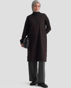 Resim Armine TREND Kolları ve Yakası Ribanalı Yarım Fermuarlı Crep Tunik Siyah 25KT456 