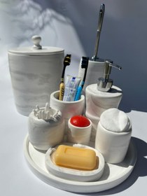 Resim MRY DEKOR Mermer Desenli Çoklu Çöp Kovalı Banyo Seti V2 (gümüş Başlıklı) 