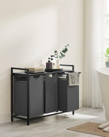 Resim VASAGLE Çamaşır Sepeti 3 Bölmeli, Raflı Çamaşır Sepeti, Çamaşır Kutusu, Oxford Kumaştan Çekilebilir Çamaşır Torbası Çıkarılabilir, Metal Çerçeve, 3 x 38 L, 92,5 x 33 x 72 cm, Siyah-Gri BLH301G01 