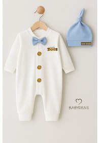 Resim Babyden's Mini Boss Erkek Bebek Tulum Ve Şapka Seti Yenidoğan Papyonlu Bebek Tulumu %100 Pamuk Mavi 