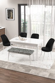 Resim Canisa Concept Zen Serisi 80x132 Mdf Açılabilir Beyaz Masa Takımı 4 Siyah Sandalye Ve 1 Zebra Bench 