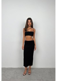 Resim İp Detay Dokulu Maxi Etek Siyah 