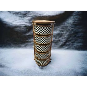 Resim Dama Desenli 5 Katlı Tekerlekli Çok Amaçlı Ahşap Patates Soğan Sepeti 