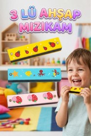 Resim Tıfıl Toys 3'lü Ahşap Çocuk Mızıka Seti! 16 Delikli 12cm Renkli Eğitici Ahşap Oyuncak Müzik Aleti Mızıka 
