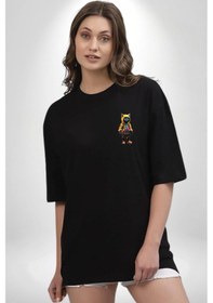 Resim Spor Eşofman Takımı Sarı Kedi İnsan Siyah Oversize Unisex Ön Sol Yan Minimal Baskılı Tişört Koyu Siyah 
