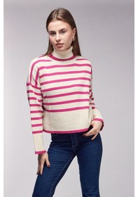 Resim Sââde Çizgili Balıkçı Yaka Oversize Triko Kazak Pembe 