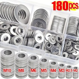 Resim 180 Adet Paslanmaz Çelik Düz Pul Seti - Dayanıklı Metal Donanım DIY, Ev Onarımı, Otomotiv, Sıhhi Tesisat İçin - Korozyona Dayanıklı, Çok Boyutlu Pul Seti 