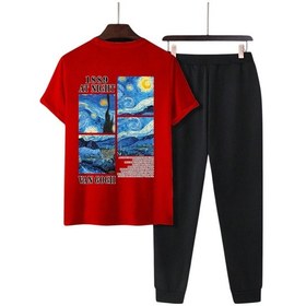 Resim Unisex Vangogh Baskılı Eşofman Takımı Kırmızı 