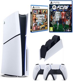 Resim Playstation 5 Slim +2.kol Dualsense +Şarj istasyonu +PS5 FC26 + GTA V ( İthalatçı Garantili) 