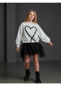 Resim Kız Çocuk Oversize Kalp İşlemeli Tasarım Sweatshirt-16469 Ekru 
