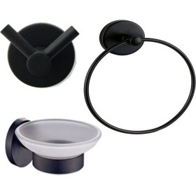 Resim Fndhome Siyah Banyo 3'lü Set Sabunluk Askılık Yuvarlak Havluluk 