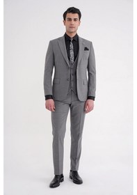 Resim Efor Slim Fit Çift Yırtmaç Ekoseli Esnek Yünlü Yelekli Klasik Füme Takım Elbise Tk 934 Füme 