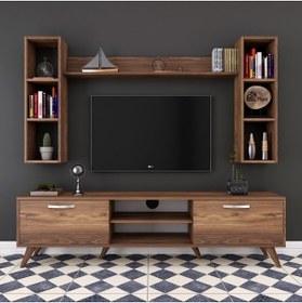 Resim Rani Mobilya Rani A9 Duvar Raflı Tv Ünitesi Tv Sehpası Duvara Monte Raflı Modern Ayaklı 180 Cm Minyatür Ceviz M5 