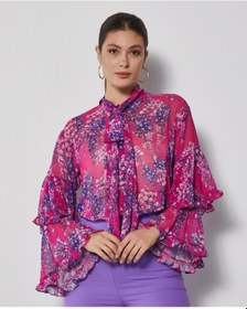 Resim Serpil Exclusive Çiçek Desenli Kadın Gömlek - Fular Yaka - Kat Kat Kol Tasarımlı - Modern Ve Şık - Günlük Ve Özel Davetler İçin Gömlek Fuşya 