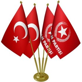 Resim Masa Üstü Vatan Partisi Bayrağı Türk Bayrağı Dörtlü Pirinç Direk 