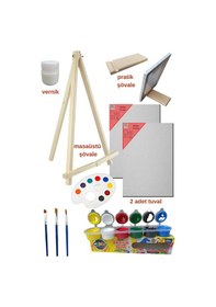 Resim Masaüstü Şövaleli Resim Boya Başlangıç Seti, 2 Tuval, 6lı Boya, Palet, Vernik. Şövalye 