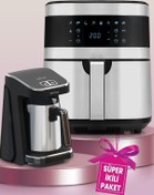 Resim GoldMaster Avantajlı Ikili Set 7 Litre Inox Xxl Airfryer Sıcak Hava Fritözü Çelik Cezveli Türk Kahve Makinesi 