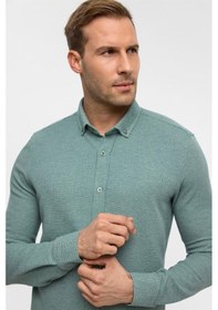 Resim Süvari Haki Slim Armürlü Düğmeli Yaka Gömlek Haki 