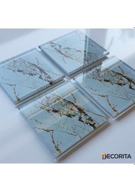 Resim Cam Bardak Altlığı 4'lü Takım Gold Detaylı Beyaz Mermer Görünüm Beyaz 