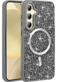 Resim Adige Samsung Galaxy S24 Fe Uyumlu Kılıf Parlak Taşlı Pırlanta Magsafe Özellikli Gri 