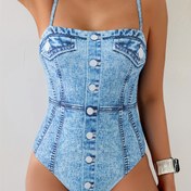 Resim Kadınlar İçin Vintage Kot Görünümlü Tek Parça Mayo - Şeffaf Olmayan Hızlı Kuruyan, Ayarlanabilir Askılı, Esnek Havuz ve Plaj Bikini - Retro Denim Stili, Poolside Modası, Konforlu Fit, Streetstyle Yüzme Kıyafeti 