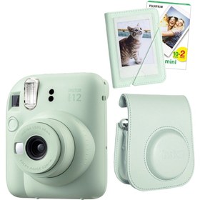 Resim Fujifilm Instax Mini 12 Yeşil Fotoğraf Makinesi 20'lu Film Mini Albüm ve Deri Kılıf Seti 