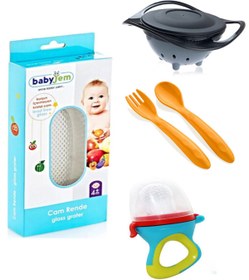 Resim Babyjem Cam Rende + Dökülmeyen Tabak Gri + Mama Kaşık Çatal Takımı + Silikon Uçlu Meyve Sebze Emziği 