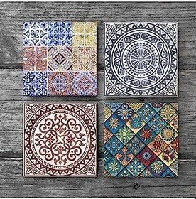 Resim Etnik Desen Taş Bardak Altlığı Seti - 4 Parça - Dekoratif, Rustik Mutfak Aksesuarı, 10x10 cm, Kaydırmaz Tabanlı, Şık ve Dayanıklı SC276 