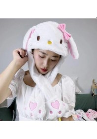 Resim Mj Toys Sanrio Kuromi Hello Kitty Şapka Kulakları Hareket Eden Şapka Işıklı Modlu Peluş Bere Şapka Beyaz 