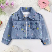 Resim Bebek kızlar için renkli kalp desenli dikişli yeni sonbahar denim ceketi, ön tarafta küçük cepli, yaka ve uzun kollu, genç çocuklar ve dış mekan etkinlikleri için mükemmel. 