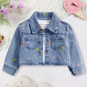 Resim Bebek kızlar için renkli kalp desenli dikişli yeni sonbahar denim ceketi, ön tarafta küçük cepli, yaka ve uzun kollu, genç çocuklar ve dış mekan etkinlikleri için mükemmel. 
