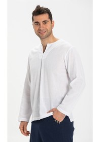 Resim Uzun Kol Şile Bezi Bisiklet Yaka Erkek Tshirt Beyaz 3001 